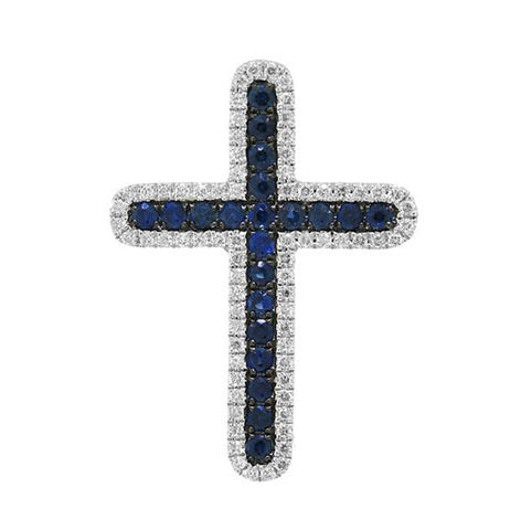 0.33 Ctw Diamond And 0.59 Ctw Blue Sapphire 14k White Gold Cross Pendant Necklace With 18 Inch Chain