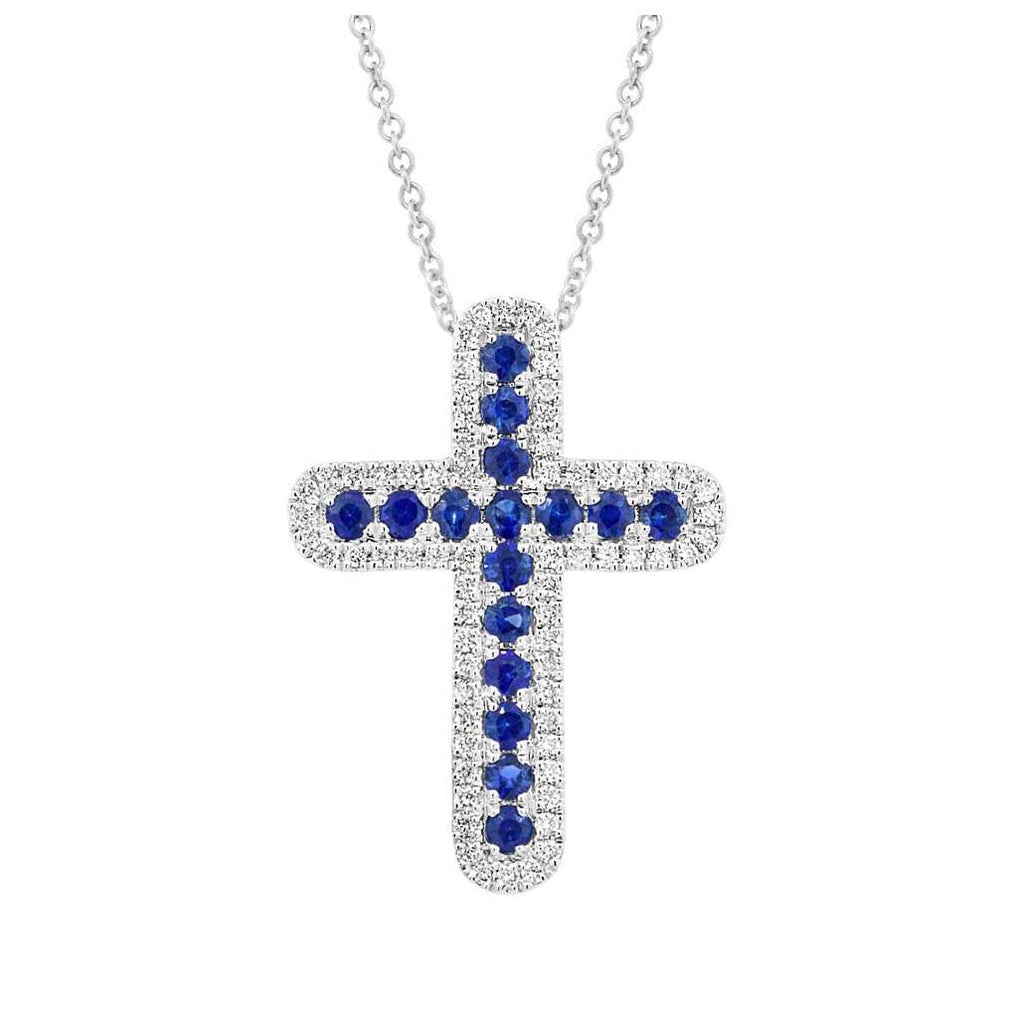 0.21 Ctw Diamond And 0.44 Ctw Blue Sapphire 14k White Gold Cross Pendant Necklace With 18 Inch Chain