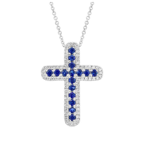 0.21 Ctw Diamond And 0.44 Ctw Blue Sapphire 14k White Gold Cross Pendant Necklace With 18 Inch Chain