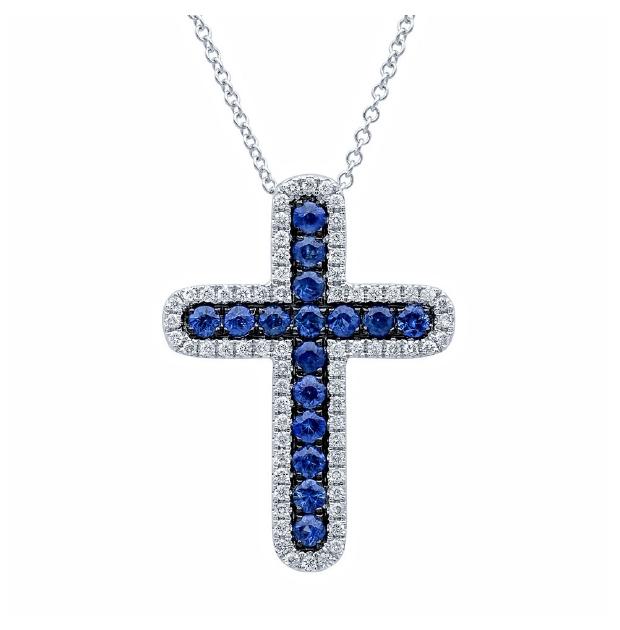 0.21 Ctw Diamond And 0.44 Ctw Blue Sapphire 14k White Gold Cross Pendant Necklace With 18 Inch Chain