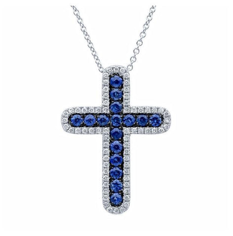 0.21 Ctw Diamond And 0.44 Ctw Blue Sapphire 14k White Gold Cross Pendant Necklace With 18 Inch Chain