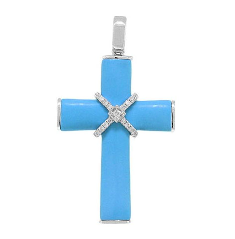 0.09 Ctw 14k White Gold Diamond And Composite Turquoise Cross Pendant Necklace With 18 Inch Chain