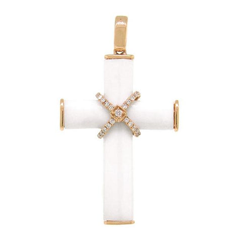 0.09 Ctw 14k Rose Gold Diamond And White Agate Cross Pendant Necklace With 18 Inch Chain