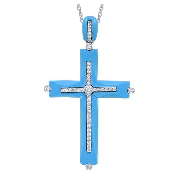 0.28 Ctw 14k White Gold Diamond And Composite Turquoise Cross Pendant Necklace With 18 Inch Chain