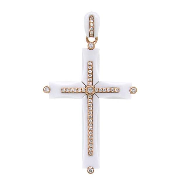 0.28 Ctw 14k Rose Gold Diamond And White Agate Cross Pendant Necklace With 18 Inch Chain