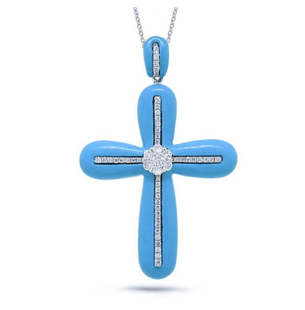 0.37 Ctw 14k White Gold Diamond And Composite Turquoise Cross Pendant Necklace With 18 Inch Chain