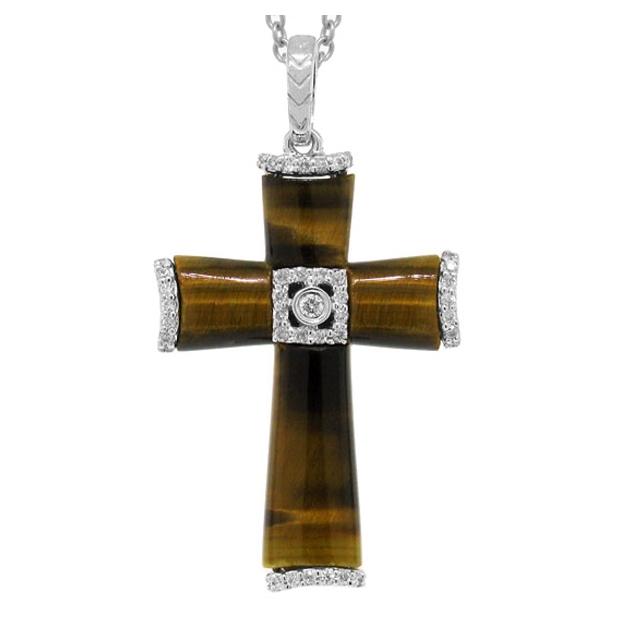 0.13 Ctw 14k White Gold Diamond And Tiger's Eye Cross Pendant Necklace With 18 Inch Chain