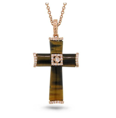 0.13 Ctw 14k Rose Gold Diamond And Tiger's Eye Cross Pendant Necklace With 18 Inch Chain