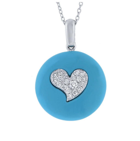 0.16 Ctw 14k White Gold Diamond And Composite Turquoise Heart Pendant Necklace With 18 Inch Chain