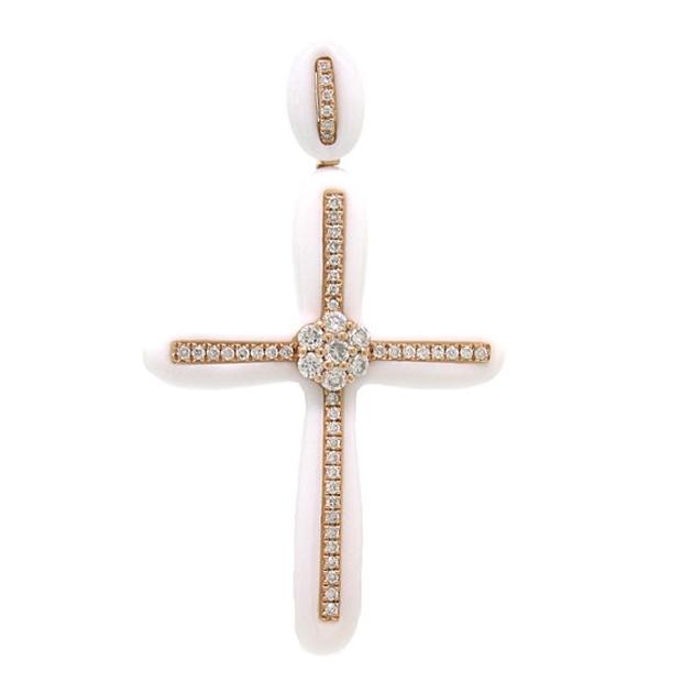 0.37 Ctw 14k Rose Gold Diamond And White Agate Cross Pendant Necklace With 18 Inch Chain