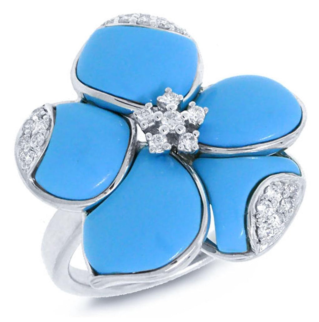 0.25 Ctw 14k White Gold Diamond And Composite Turquoise Flower Ring Size 8