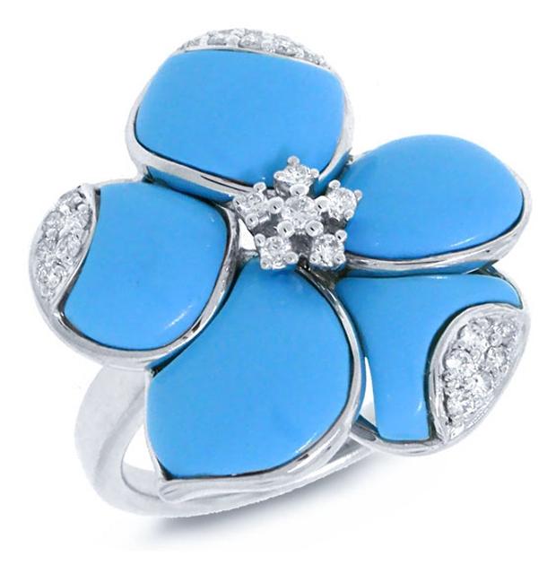 0.25 Ctw 14k White Gold Diamond And Composite Turquoise Flower Ring