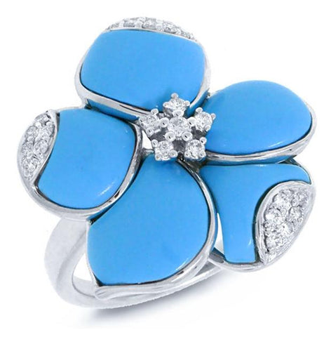 0.25 Ctw 14k White Gold Diamond And Composite Turquoise Flower Ring