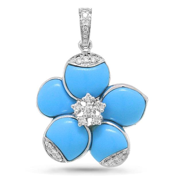 0.15 Ctw 14k White Gold Diamond And Composite Turquoise Flower Pendant Necklace With 18 Inch Chain