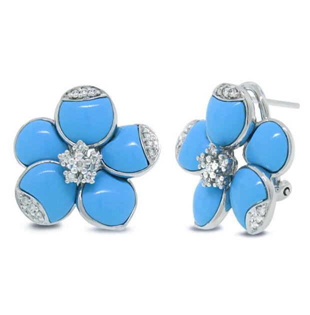 0.25 Ctw 14k White Gold Diamond And Composite Turquoise Flower Earring