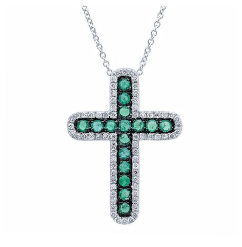 0.21 Ctw Diamond And 0.33 Ctw Emerald 14k White Gold Cross Pendant Necklace With 18 Inch Chain