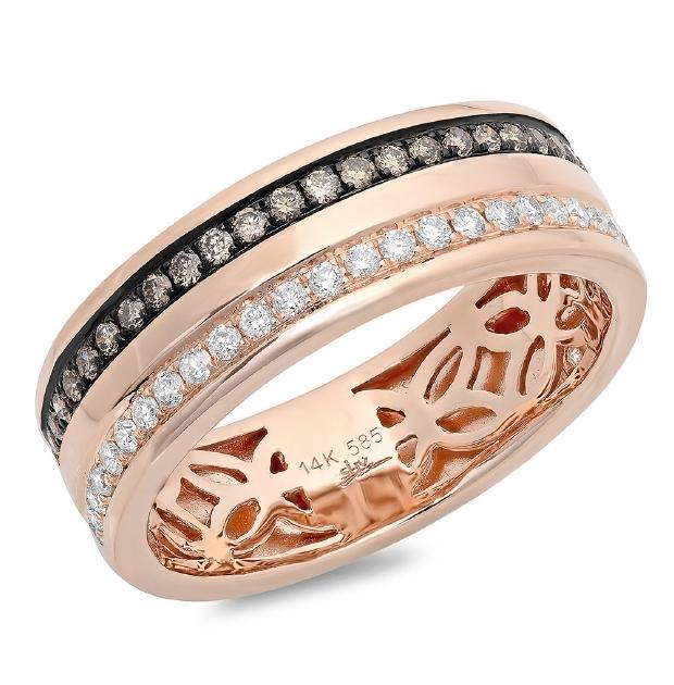 0.86 Ctw 14k Rose Gold White And Champagne Diamond Mens Band