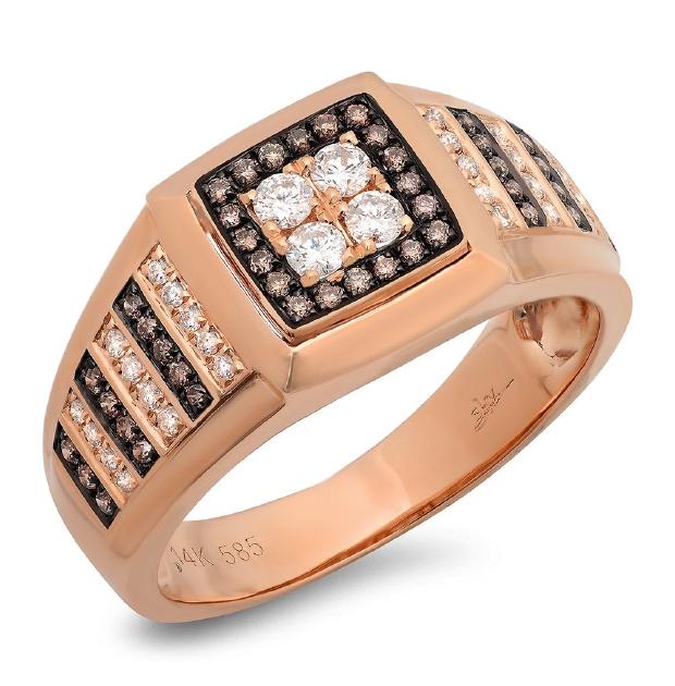 0.63 Ctw 14k Rose Gold White And Champagne Diamond Mens Wedding Band Ring