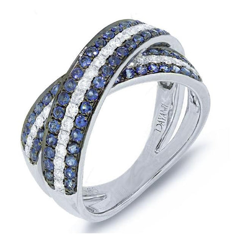 0.43 Ctw Diamond And 1.00 Ctw Blue Sapphire 14k White Gold Bridge Ring