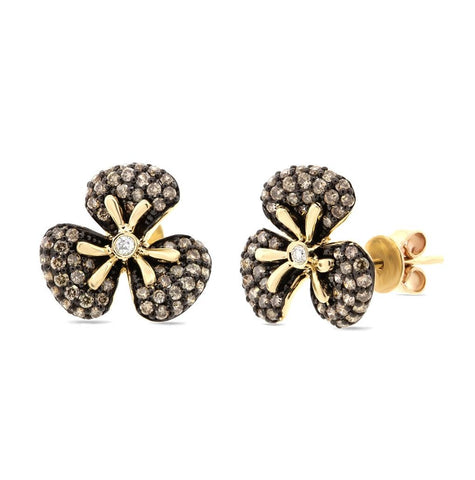 0.95 Ctw 14k Yellow Gold White And Champagne Diamond Flower Earring