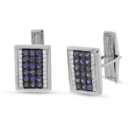 0.31 Ctw Diamond 1.03 Ctw Blue Sapphire 14k White Gold Cuff Links