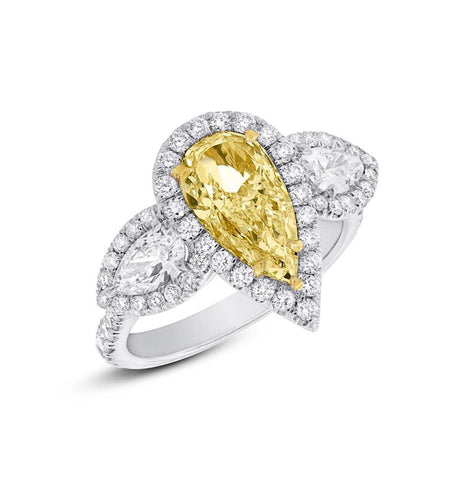 2.24 Ctw Pear Shape Center And 1.60 Ctw Side 18k Two-tone Gold Gia Certified Natural Yellow Diamond Ring