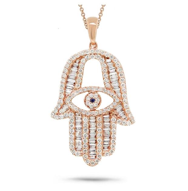 1.60 Ctw 14k Rose Gold Diamond Hamsa Pendant Necklace With 18 Inch Chain