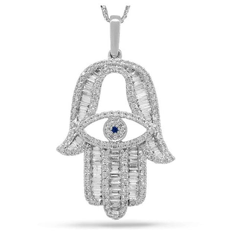 1.60 Ctw 14k White Gold Diamond Hamsa Pendant Necklace With 18 Inch Chain