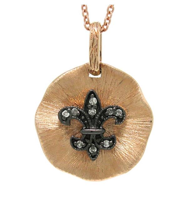 14k Rose Gold Diamond Fleur In Circle Pendant Necklace With 18 Inch Chain