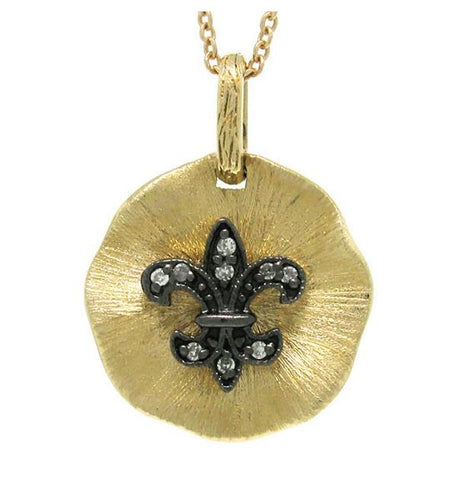 14k Yellow Gold Diamond Fleur In Circle Pendant Necklace With 18 Inch Chain