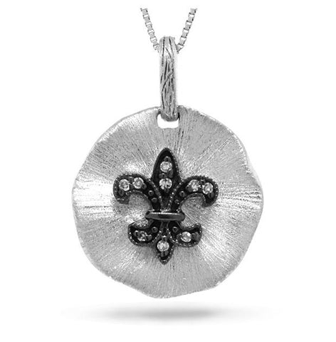 14k White Gold Diamond Fleur In Circle Pendant Necklace With 18 Inch Chain