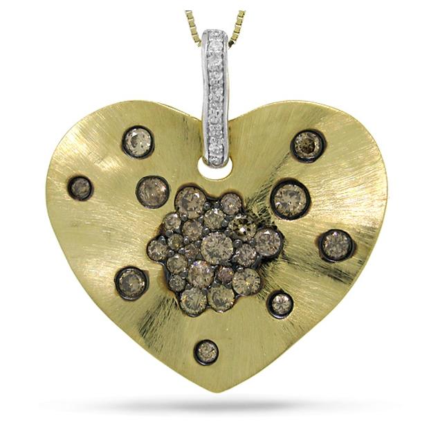 0.98 Ctw 14k Yellow Gold White And Champagne Diamond Heart Pendant Necklace With 18 Inch Chain