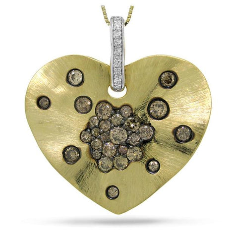 0.98 Ctw 14k Yellow Gold White And Champagne Diamond Heart Pendant Necklace With 18 Inch Chain