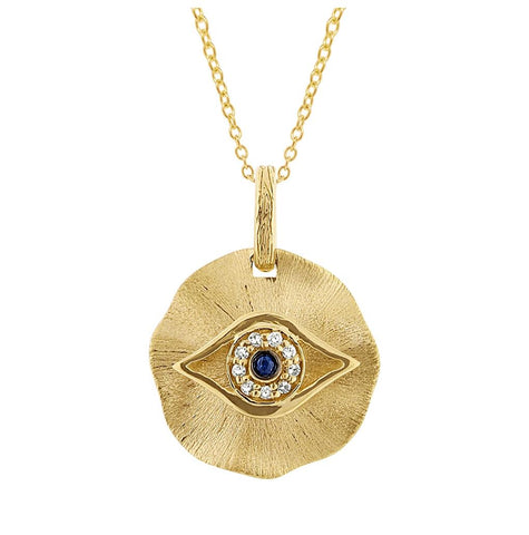 14k Yellow Gold Diamond And Blue Sapphire Eye Pendant Necklace With 18 Inch Chain