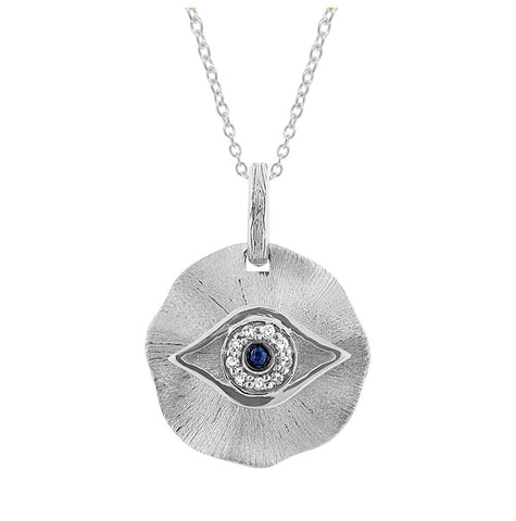 14k White Gold Diamond And Diffused Blue Sapphire Eye Pendant Necklace With 18 Inch Chain