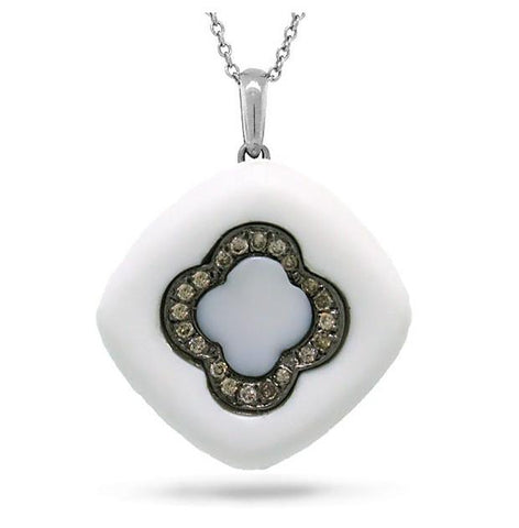 0.14 Ctw Champagne Diamond And 14.61 Ctw White Onyx 14k White Gold Pendant Necklace With 18 Inch Chain