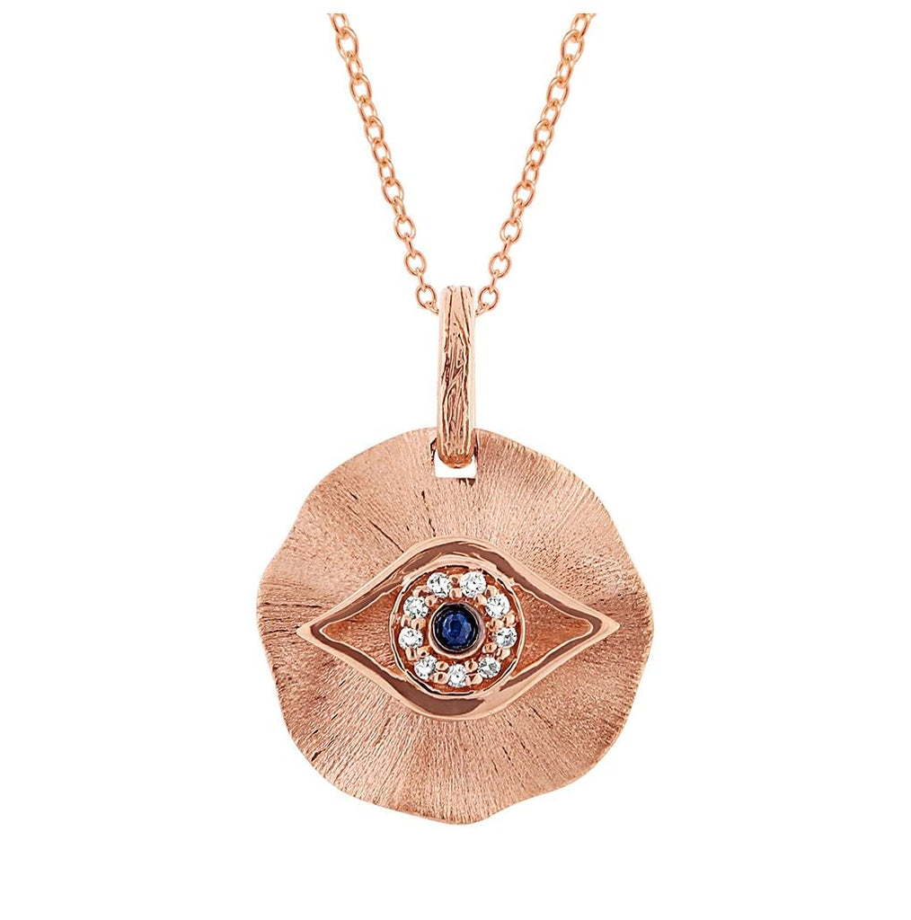 14k Rose Gold Diamond And Blue Sapphire Eye Pendant Necklace With 18 Inch Chain