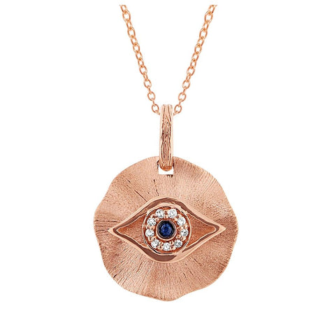 14k Rose Gold Diamond And Blue Sapphire Eye Pendant Necklace With 18 Inch Chain