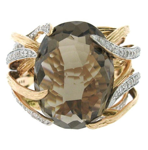 0.50 Ctw Diamond And 12.79 Ctw Smokey Topaz 14k Two-tone Rose Gold Ring