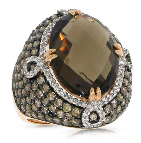 3.25 Ctw White And Champagne Diamond And 11.60 Ctw Smokey Topaz 14k Rose Gold Ring