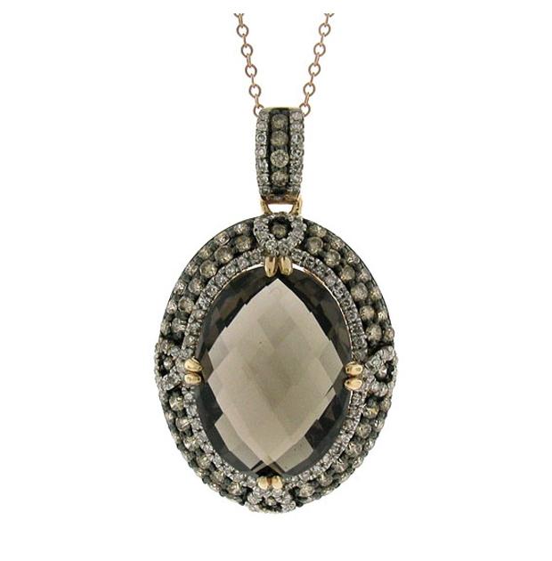 1.70 Ctw White And Champagne Diamond And 11.85 Ctw Smokey Topaz 14k Rose Gold Pendant Necklace With 18 Inch Chain