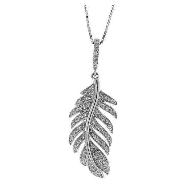 0.35 Ctw 14k White Gold Diamond Feather Pendant Necklace With 18 Inch Chain