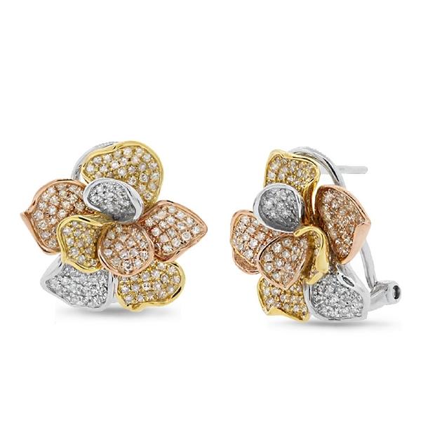 1.00 Ctw 14k Three-tone Gold Diamond Flower Earring