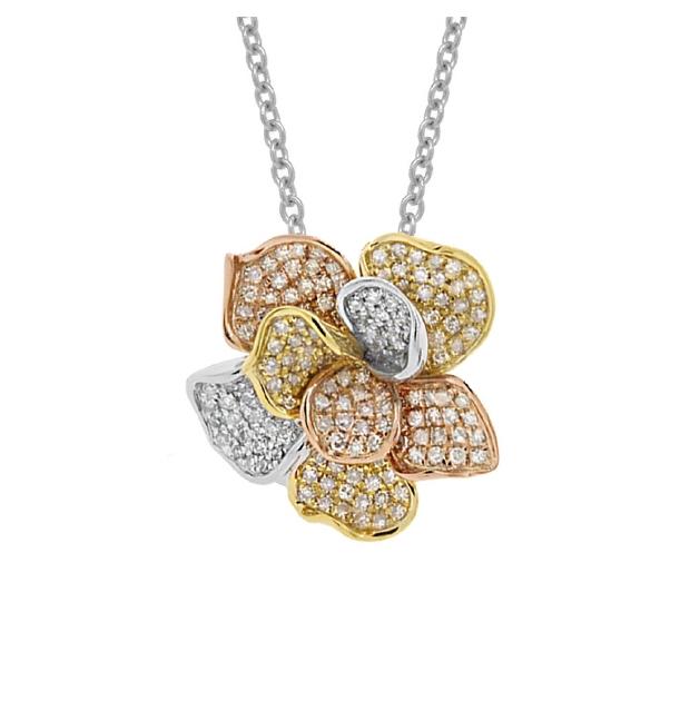 0.75 Ctw 14k Three-tone Diamond Flower Pendant Necklace With 18 Inch Chain