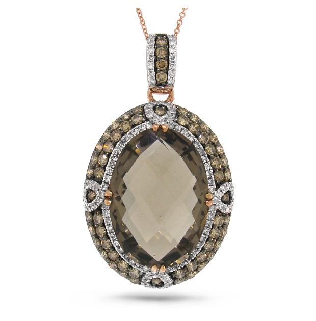 2.14 Ctw White And Champagne Diamond And 13.91 Ctw Smokey Topaz 14k Rose Gold Pendant Necklace With 18 Inch Chain