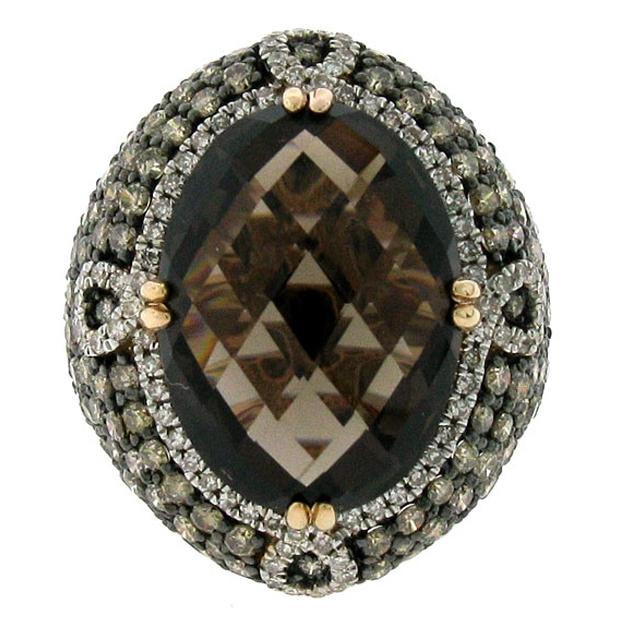 3.25 Ctw White And Champagne Diamond And 11.60 Ctw Smokey Topaz 14k Rose Gold Ring Sz 10