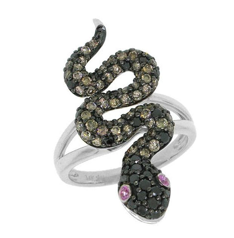 1.26 Ctw Black And Champagne Diamond And 0.06 Ctw Pink Sapphire 14k White Gold Snake Ring