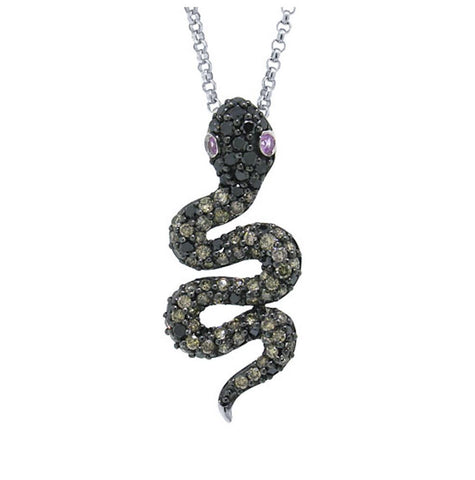 1.26 Ctw Black And Champagne Diamond And 0.06 Ctw Pink Sapphire 14k White Gold Snake Pendant Necklace With 18 Inch Chain