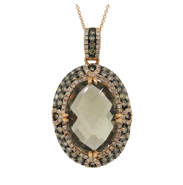 1.70 Ctw White And Champagne Diamond And 11.85 Ctw Smokey Topaz 14k Rose Gold Pendant Necklace With 18 Inch Chain