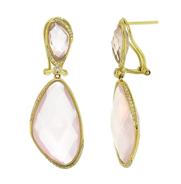 0.30 Ctw Diamond And 29.07 Ctw Rose Quartz 14k Yellow Gold Earring